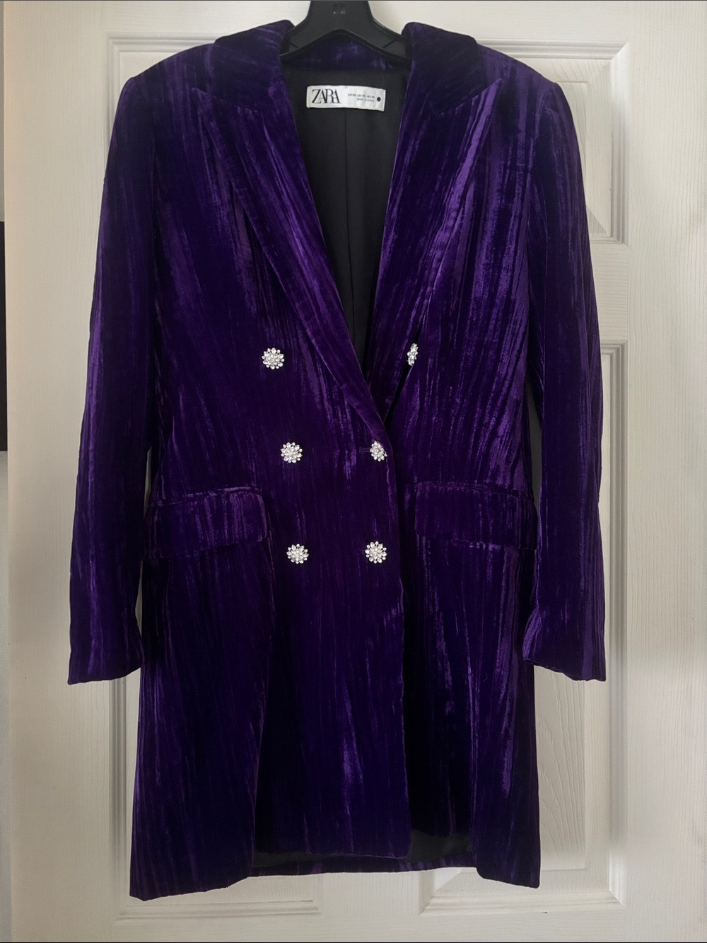 ZARA Deep Purple Velvet Double-Breasted Blazer with Crystal Buttons